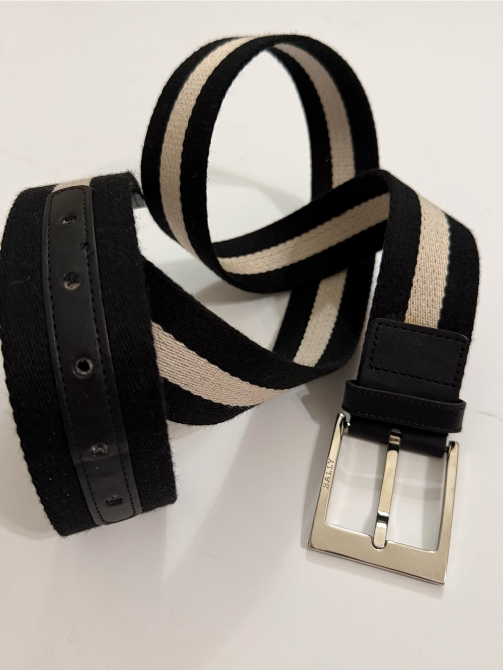 Bally Black & Cream Striped Men's  Belt with Silver Buckle- size 42 or 105cm eu